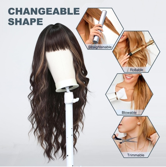 Long Curly Brown with Blonde Highlight Wigs with Bangs 26 in - Picture 5 of 6